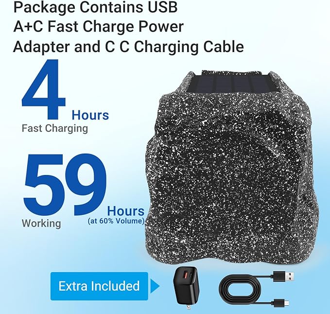 Herdio 8" Rock Bluetooth Speakers Outdoor Waterproof IPX7 Wireless Solar Max 240 Watt, TWS Connection Powered with Rechargeable Battery for Garden Patio Deck Pool Backyard（Black，1Pair）