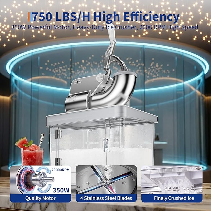 Commercial Ice Crusher 750LBS/H, 350W Electric Snow Cone Machine with 4 Stainless Steel Blades, 2000RPM, 8.98Gal Hopper Shaved Ice Maker with Safety On/Off Switch for Home, Restaurants, Bars, White