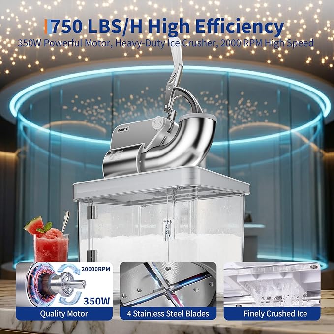 Commercial Ice Crusher Machine with 4 Blades, 2000RPM 750LBS/H Ice Shaver with 2LBS Hopper Capacity, 350W Stainless Steel Snow Cone Machine for Home Use, Bars, Cafes, Parties, White
