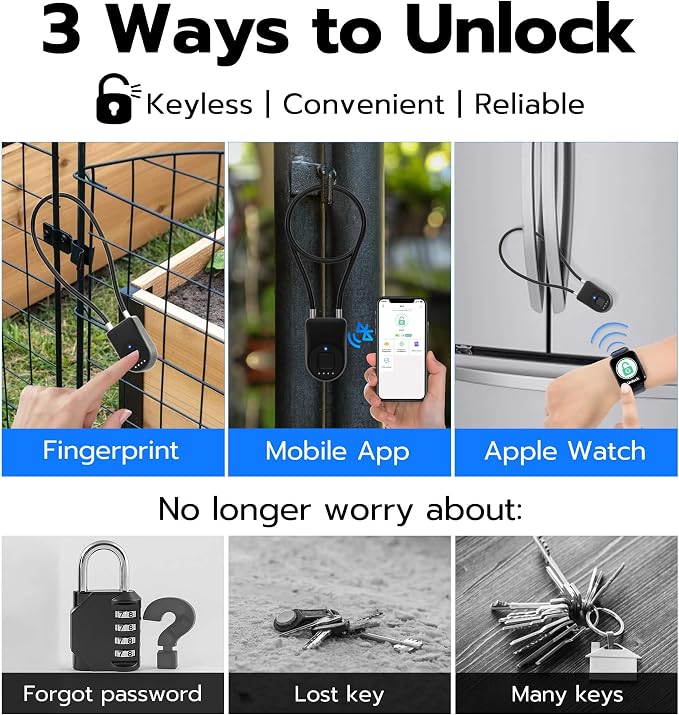 Anweller Fingerprint Cable Lock, 14" Long Shackle Small Padlock, Keyless Entry Biometric Bluetooth Smart Waterproof Combination Pad Lock for Gate Outdoor Fence Fridge Cabinet Locker Pool Bike - Black
