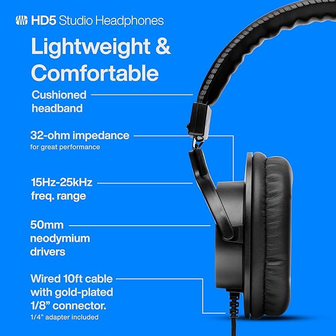PreSonus HD5 Professional Monitoring Headphones —Wired, Closed-Back, Over-Ear Studio Recording Headphones for Professional Mixing and Monitoring