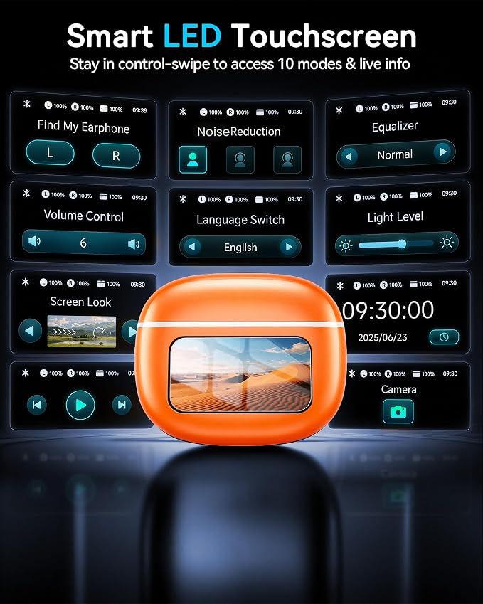 Wireless Earbuds with Smart Touchscreen Case, Bluetooth 6.0 Ear Buds with AI Noise Cancelling Calls, 40H Playtime Stereo Headphones, IPX7 Waterproof Earbuds for Workout, Travel, iPhone,Android,Orange