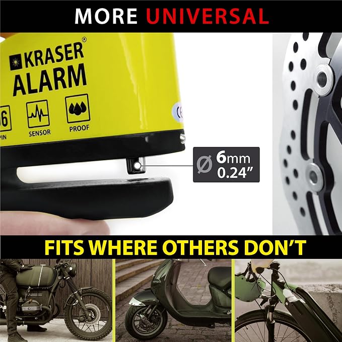 KRASER WA6Y Alarm Disc Lock, Reinforced Disc Brake Lock with 3 keys (others 2), Heavy Duty Anti-Theft Motorcycle Lock with Alarm,110dB, Weather-Resistant, Reminder Cable, Pouch, Motorbike Moped E-Bike