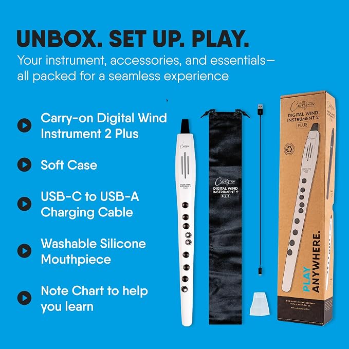 Carry-on Digital Wind Instrument 2 Plus - Lightweight & Rechargeable with 20 Instrument Voices - Built-In Speaker and MIDI Bluetooth Connectivity for Performances and Practice Anywhere - White