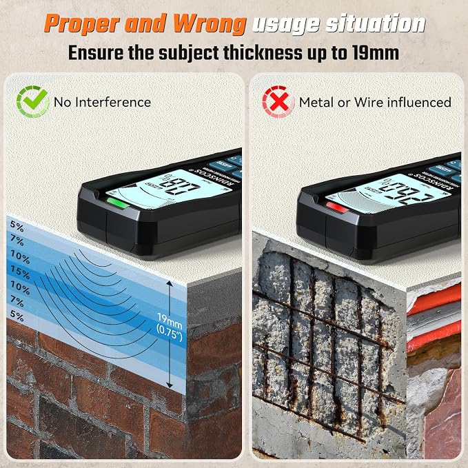 RDINSCOS Rechargeable Pinless Moisture Meter for Drywall | 19mm Depth,Non-Destructive Moisture Tester,Auto Alarm for Wood, Wall, Flooring & Building Materials, Home DIY Inspection