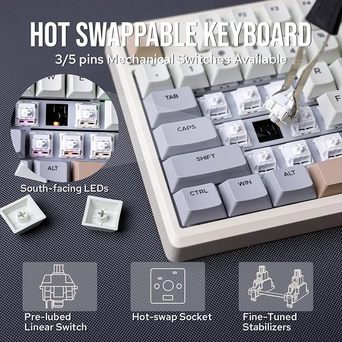 EPOMAKER Galaxy100 QMK/VIA Wireless Gaming Keyboard, Aluminum Shell, BT/2.4Ghz/USB-C, Pre-Lubed Hot-Swappable Linear Switches, NKRO, RGB Backlit (Creamy White, Wisteria Linear Switch)