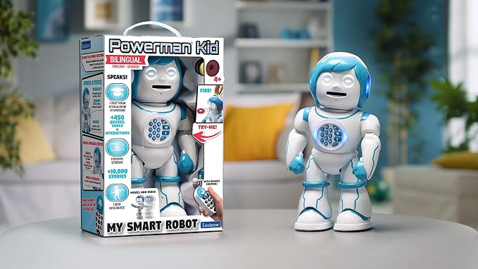 LEXiBOOK Powerman Kid - Educational and Bilingual English/Spanish Robot - Walking Talking Dancing Singing Toy - STEM Programmable Telling Creating Stories - Quizzes Shooting Discs for Kids - ROB90US