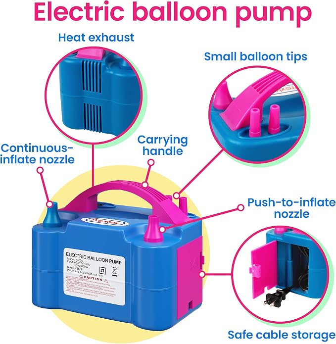 Prextex Balloons Electric Pump Inflate, Blue 110V 600W - Portable Pump with Air Blower & Dual Nozzle Inflator for Fast, Easy Bulk Balloons Filling for Event & Party Decoration - Balloon Pumps Electric