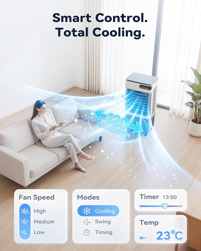 Swamp Cooler Air Conditioners, 2500 CFM Large 8.5-Gal Water Tank for 3d Cooling, 4-IN-1 Portable Evaporative Cooler with Touch Screen, 3 Fan Speeds, Timer and Remote, 650 sq ft, Ideal for Large Rooms