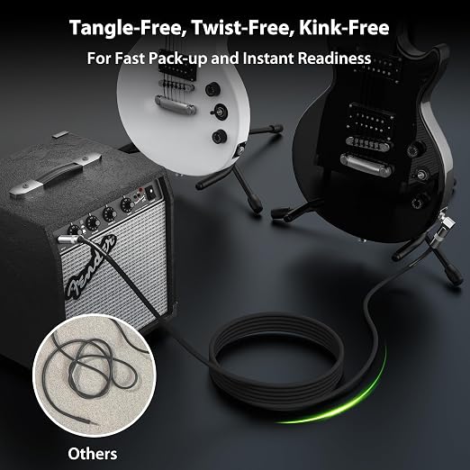 AA AUDIO ACCESSORY Right Angle Instrument Cable 20ft 2 Pack, Nylon Braided Anti-Kinking Kevlar-Reinforced, 20 AWG 99.99% OFC 1/4 Guitar Cable, AL & OFC Shielded Guitar Cord for Fender Electric Guitar