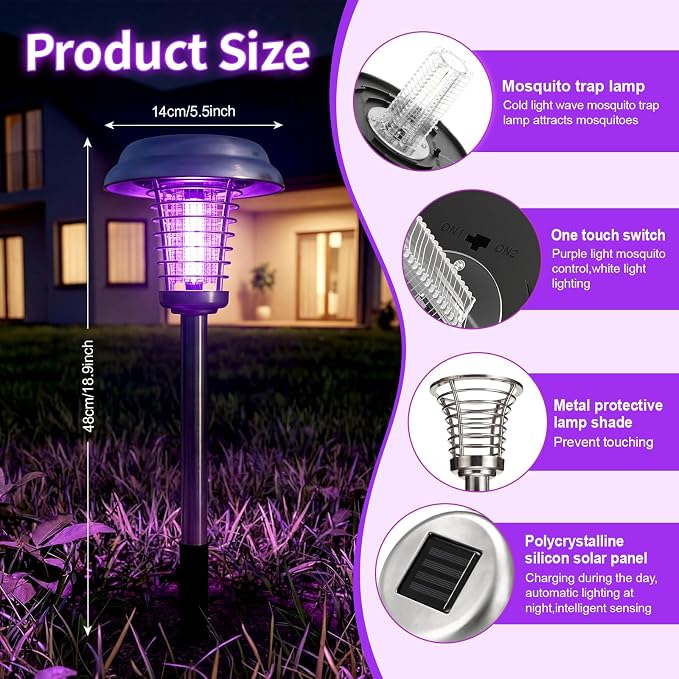 4 Pcs Solar Bug Zapper Outdoor Waterproof Mosquito Repellent Light Solar Power Fly Killer Lamps for Moths, Gnats, Fly, Small Flying Insect Backyard Garden Lawn (Stainless Steel,Purple & Warm Light)