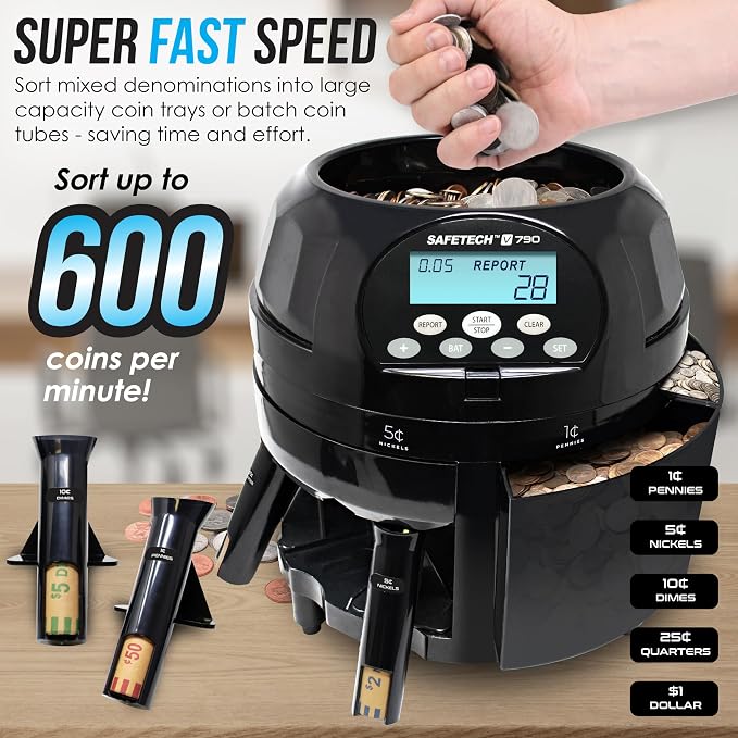 Safetech Coin Counter, Sorter, and Wrapper, Sorts 600 US Coins Per Minute (V790)