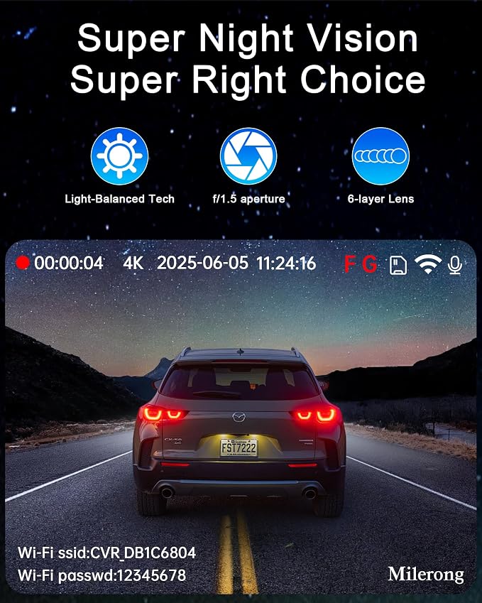 4K Dash Cam Front and Rear Camera with Voice Control,Car Cameras Dashcam for Cars with WiFi, GPS, 64G Card, 24H Parking Monitor, G-Sensor,IR Night Vision,Loop Recording