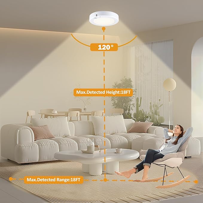 LIT-PaTH Battery Operated Ceiling Light, 3000K 6.1inch Motion Sensor LED Ceiling Light,140 Lumens Flush Mount Wireless Motion Lamp for Closet Hallway Laundry Stair, 2-Pack (Battery Not Included)