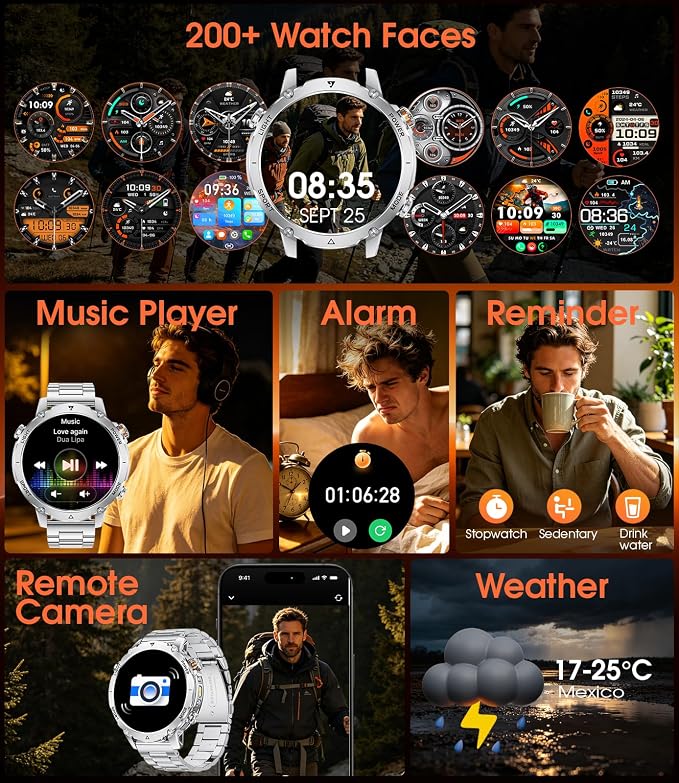 SUNKTA Military Smart Watches for Men,1400mAh Battery Smart Watch with Flashlight,1.7" HD Screen 5ATM Waterproof Fitness Tracker Smartwatch with 110+ Sport Modes,for iOS Android(2 Bands/Silver)