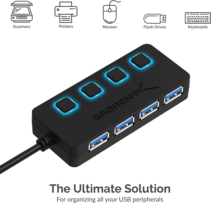SABRENT 4-Port USB 3.0 Hub with Individual LED Power Switches - Slim, Portable Design - 2 Ft Cable - Fast Data Transfer - Compatible with Mac & PC (HB-UM43)