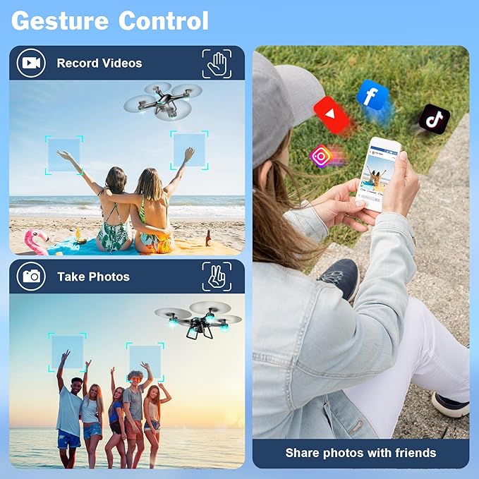 Drone with 1080P Camera, Remote Control Quadcopter with Gesture Selfie, Altitude Hold, One Key Start, 3D Flips, 2 Batteries, Black