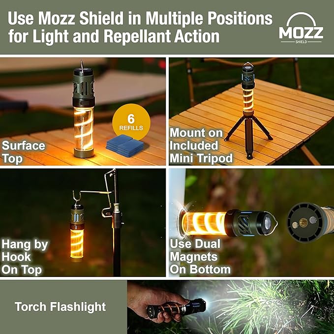 Mozz Shield Mosquito Repellent Outdoor Lantern Flashlight USB-C Rechargeable Camping Light with Citronella Mats Magnetic Base Tripod Waterproof for Patio Yard Travel Emergency Use