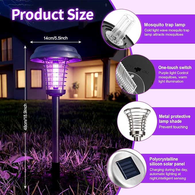 4 Pcs Solar Bug Zapper Outdoor Waterproof Mosquito Repellent light Solar Power Fly Killer lamps for Moths, Gnats, Fly, Small Flying Insect Backyard Garden Lawn (Stainless Steel,Purple & Colored Light)