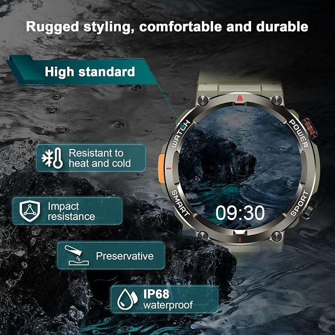 Military Tactical Smart Watches for Men, 100-Day Battery Rugged Fitness Watch with Compass & Flashlight, Sports Watch for Android with 1.45" HD Display AI Voice, IP68 Waterproof Smartwatch (Green)