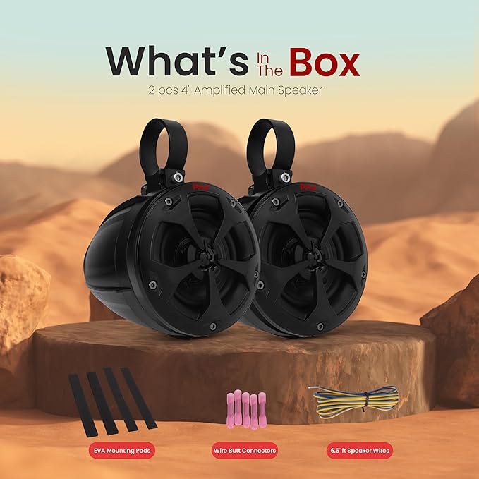 Pyle 4" Off-Road Bluetooth Waterproof Speakers -800W Peak Power Amplified Speaker System for ATV/UTV, Golf Cart, Boat, Aux Input Jack, for use w/All 12V Vehicles - PLUTV43BTA, Black