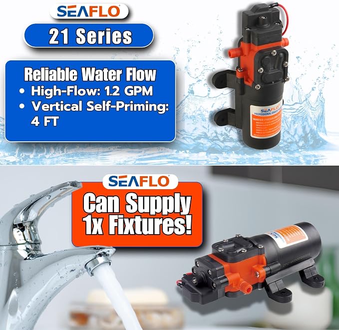 SEAFLO 21-Series Water Pressure Diaphragm Pump - 12V DC, 1.2 GPM, 35 PSI with Adjustable Pressure Switch, Self-Priming, Quiet Operation for RV, Boat, and Off-Grid Applications