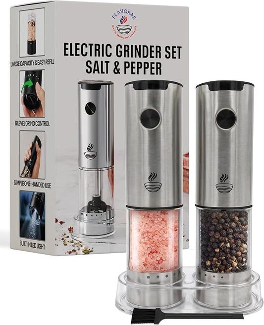 Electric Salt and Pepper Grinder Set - Silver 2 Pack Battery Operated Mills with 95ml Large Capacity, Adjustable Coarseness, Built-in LED Light, Automatic Salt & Pepper Shakers for Kitchen
