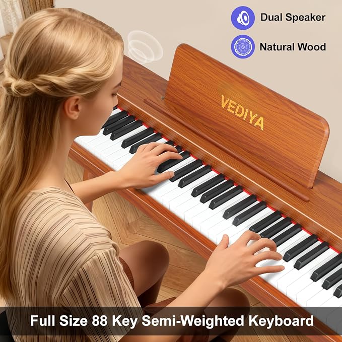 Digital Piano Keyboard 88 key,Semi-Weighted Electric Piano,Full Size Acoustic Piano for Beginners with Pedal, USB-MIDI Compatibility (Brown)