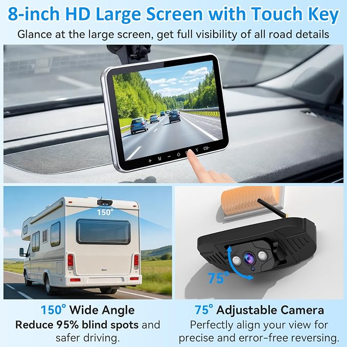 Plug-Play RV Camera System Wireless for Furrion Pre-Wired: 20-Min Easy Install for Trailer Camper - 8" HD 1080P Large Screen See Every Obstacle at a Glance for Campsite Reversing & Drive Monitoring