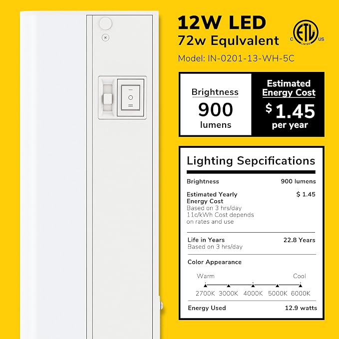GETINLIGHT 24-inch Hardwired Only 5 Color LED Under Cabinet Lighting, Selectable 2700/3000/4000/5000/6000K, Dimmable, Matte White Finished, ETL Listed, IN-0201-13-WH-5C