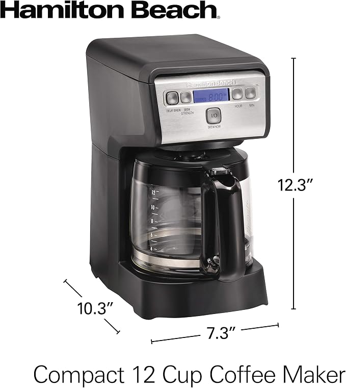 Hamiton Beach 12 Cup Compact Programmable Drip Coffee Maker with No-Drip Burosilicate Glass Carafe, 2-Hour Auto Shutoff, Space-Saving Design, Black with Stainless Steel Accents (46200)