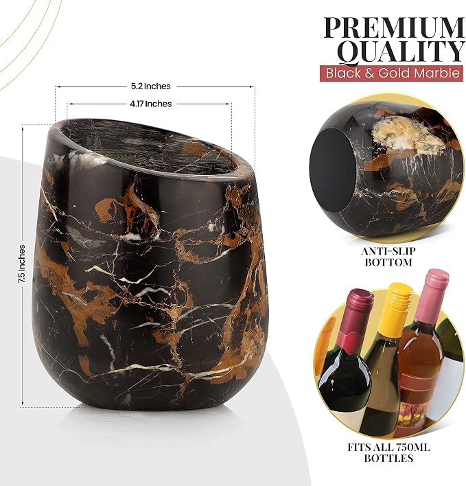 Gusto Nostro Marble Wine Chiller Bucket - 750ml Wine Bottle Cooler and Champagne Chiller for Party, Kitchen, Bar Cart Decor to Chill & Keep Bottles Cold with Unique Wine Lovers Gift Box, Black & Gold
