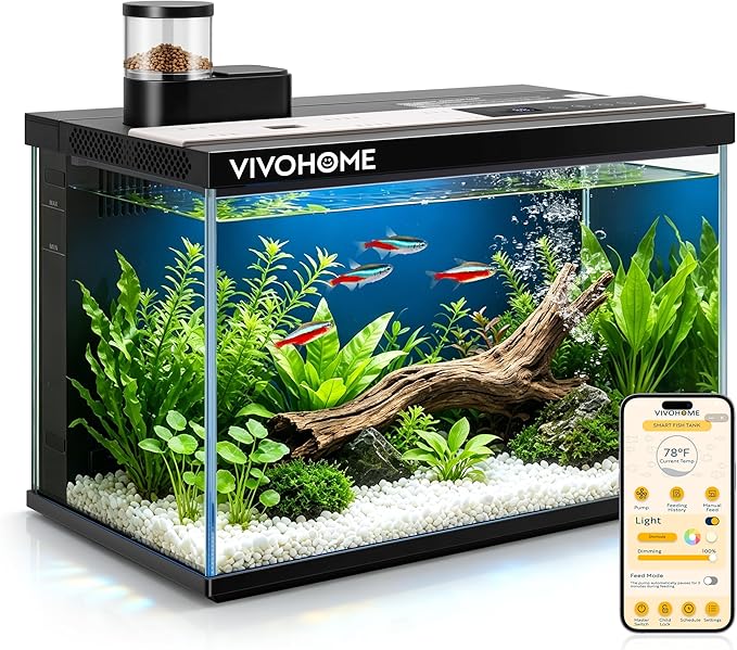 5 Gallon Smart Fish Tank with APP Control, Aquarium Starter Kit with Auto Feeder, Temperature Display, RGB LED Light, Self Cleaning Betta Fish Tank for Desktop