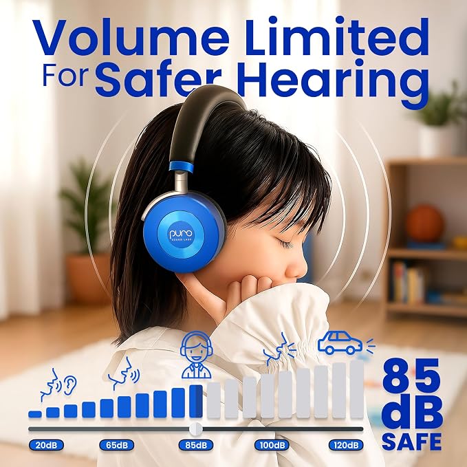 Puro Sound Labs JuniorJam Plus Volume-Limiting Wireless Bluetooth Headphones for Kids, Secure Audio with Adjustable On-Ear Design, 22-Hour Battery Life, Ideal for Tablets, Smartphones & PCs - Blue