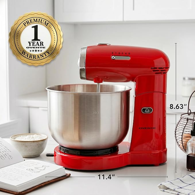OVENTE Electric Stand Mixer with 3.5 Quarts Stainless Steel Mixing Bowl, 5 Speed Portable and Lightweight 250W Kitchen Mixer for Everyday Use, Includes 2 Egg Beater Whisk and Dough Hook, Red SM680R