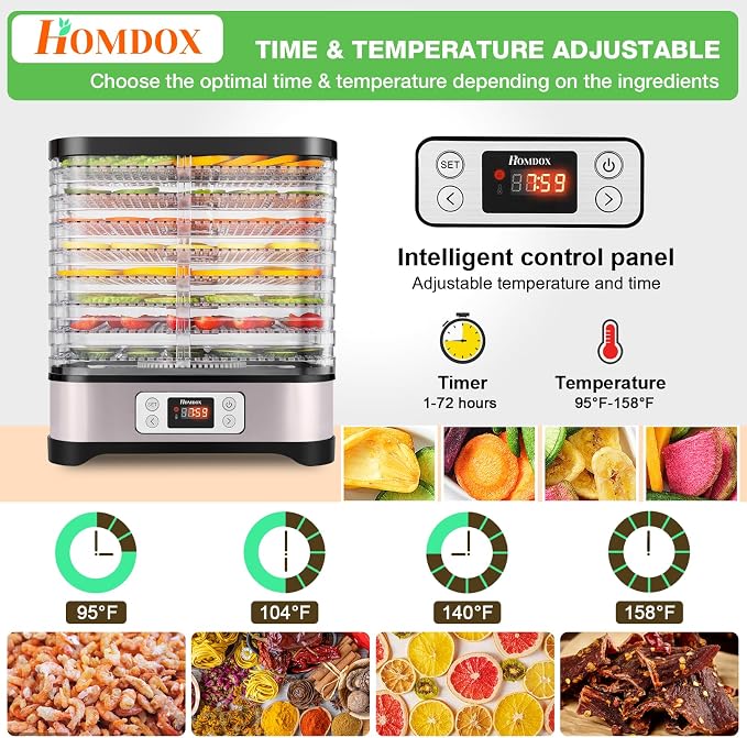 Homdox Food Dehydrator for Jerky & Fruit, 8 BPA-Free Trays, 72H Timer & Temp Control 158°F, 400W Dehydrator Machine for Herbs, Veggies, Meat, Dog Treats, Fruit Roll Sheet Included