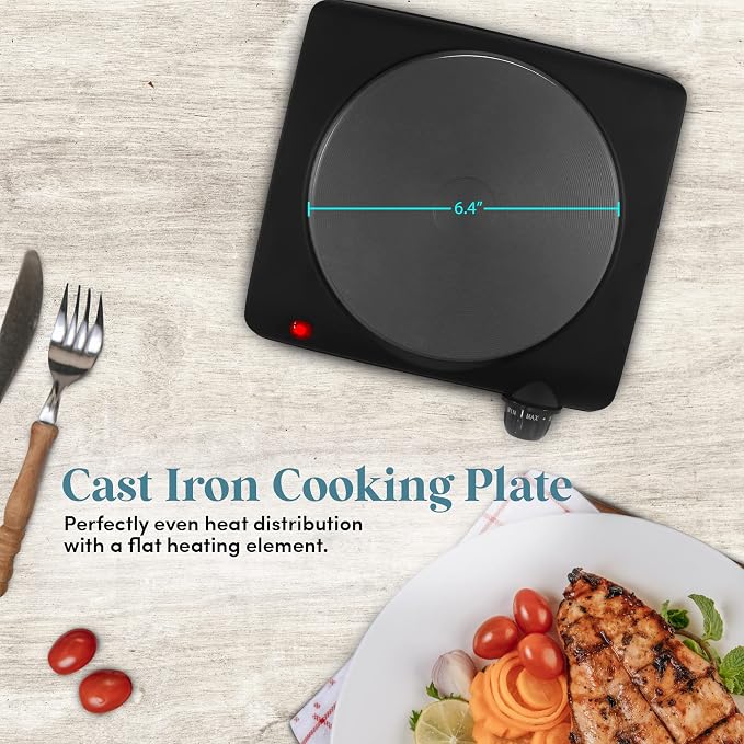 Elite Gourmet EG6201 Extra Deep 12"x12"x3.2" (7.5Qt.) Scratch Resistant Dishwasher & ESB-301BF# Countertop Single Cast Iron Burner, 1000 Watts Electric Hot Plate, Temperature Controls