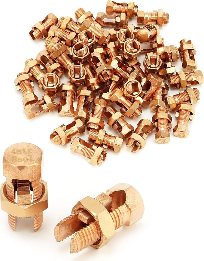 QWORK Grounding Split Bolt, 50 Pieces 4 Gauge 8 Gauge High Strength Split Bolt Connectors, Ground Wire Clamp, Solid Copper, for Antenna, Satellite Dish, Cable TV