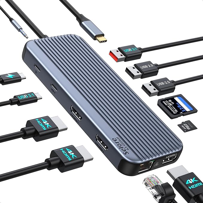 USB C Docking Station 3 HDMI, Selore 12 in 1 Laptop Docking Station 3 Monitors with Triple HDMI,10Gbps USB A/C 3.1,USB 2.0,100W PD Charging, Gigabit Ethernet, Audio Mic,SD/Micro SD Card Slot