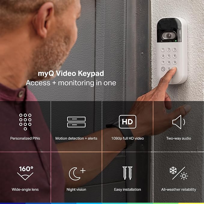 myQ Smart Garage Starter Kit: Garage Door Video Keypad + Wired Power Adapter Kit + Wi-Fi Plug-in 2K Camera, Custom PIN Codes, Wide-Angle Lens, Night Vision, 2-Way Audio, Motion Alerts and App Control