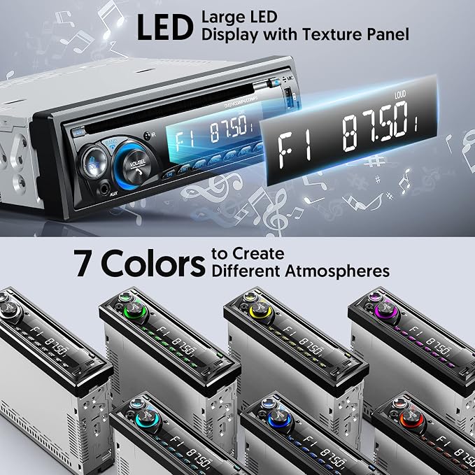 Car Radio Bluetooth with CD DVD Player, Wistrue Single Din FM/AM Car Stereo with CD Player, Support 2 USB/SD/AUX/7 Colors/Fits 9-24V Vehicles