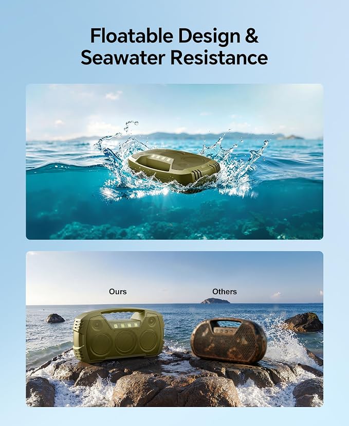 IPX7 Waterproof Outdoor Bluetooth Speaker, Wireless, 90W(Peak), 32H Playtime, Floating Design, Deep Bass & Loud Stereo Sound, Portable with Handle, Rugged for Pool, Beach, Kayaking, Hiking, ThymeGreen