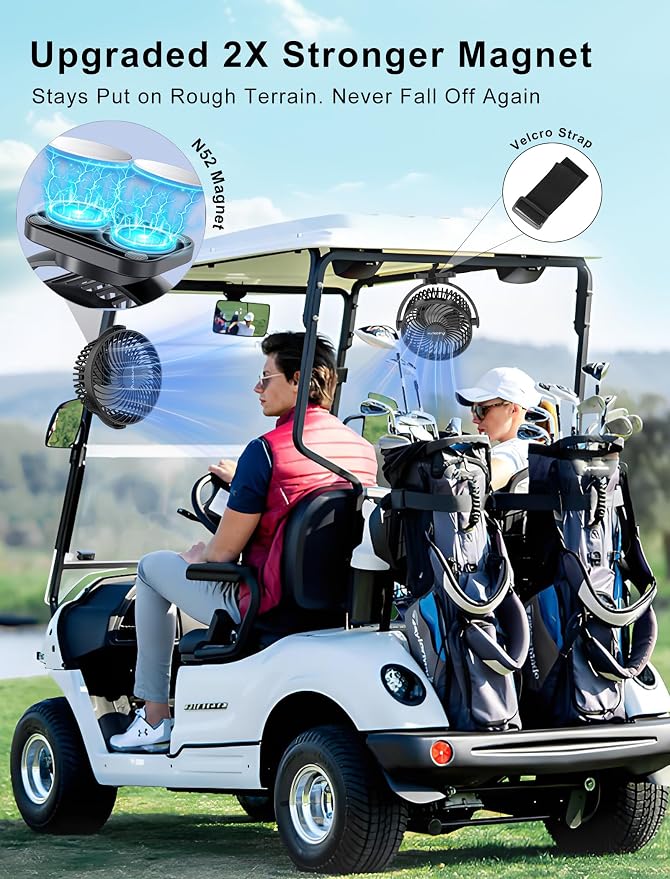 [Upgraded 2X Magnet] 2-Pack Magnetic Golf Cart Fan Rechargeable, 12000mAh Battery Operated Portable Fan with Light, Magnetic Base, Suitable for EZGO Club Car Yamaha, Golf Cart Accessories 2026