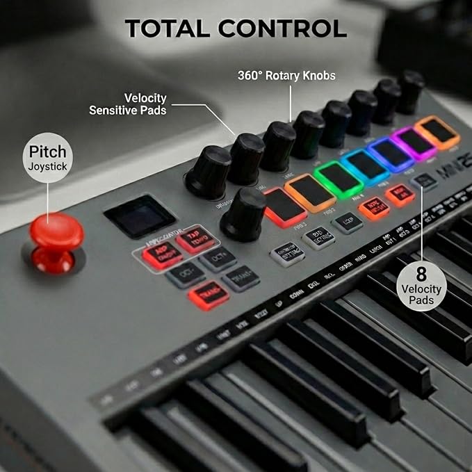 RockJam 25-Key Rechargeable USB MIDI Keyboard Controller – Mini Piano Keyboard with Velocity-Sensitive Pads, Synth Controller, Bluetooth/Wired MIDI, Arpeggiator, DAW Compatible