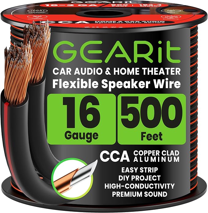 GEARit 16 Gauge Speaker Wire 500 ft,16 Gauge Wire with Foot Markers & Polarity Markings,Flexible Speaker Cable for Car Audio & Home Theater Speakers,Audio Cable for DIY Installations,CCA(Black)