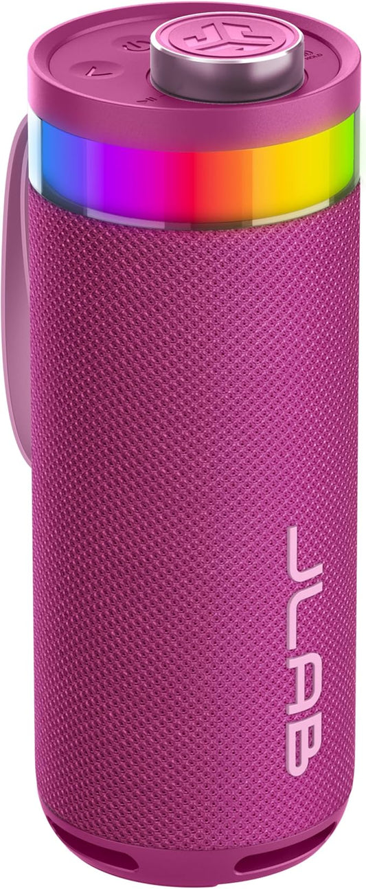 JLab Go Party Portable Bluetooth Speaker, Mulberry, 10 Watts of Power, 16+ Hours of Playtime, IP56 Waterproofing, Customizable RGB LED Lighting, Lab Sync Up to 100 Speakers, Custom Sound in-App