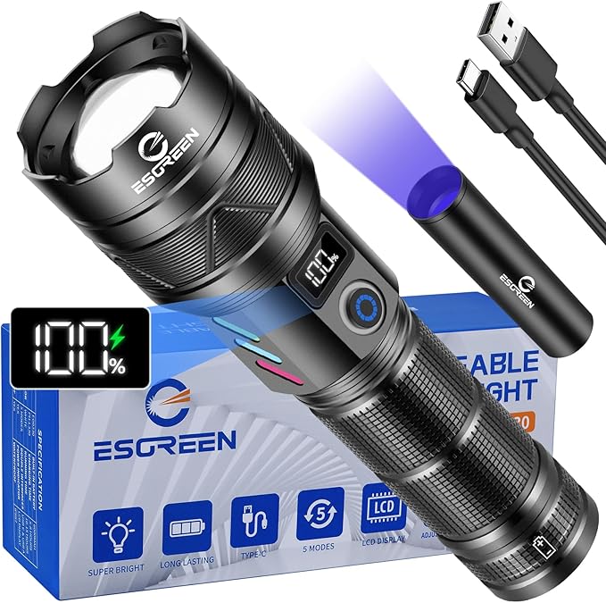 Esgreen 2 Pack Rechargeable Flashlights High Lumens, Long Range Super Bright LED Flashlight USB C, High Powerd Heavy Duty Strong Flash Light High Beam, for Emergency Security Camping