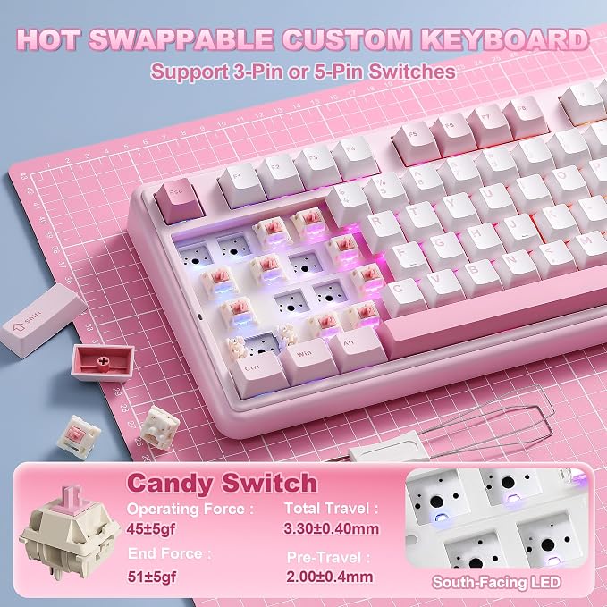 YUNZII B98 PRO QMK/VIA Wireless Mechanical Gaming Keyboard,96% Layout with Numpad and Cute Cat Knob, BT/2.4G/USB-C,Linear Switch Hot Swap Gasket,RGB for Win/Mac (Pink, Candy Linear Switch)