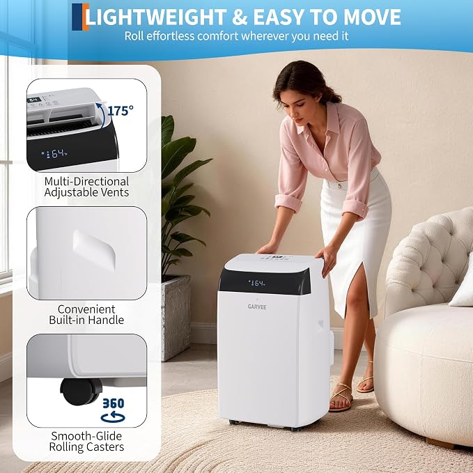 Garvee 14,000 BTU Inverter Portable Air Conditioner, Dual Hose with Heat Pump, Energy Efficient Smart AC Unit for Rooms Up to 700 sq.ft, Quiet Cooling & Dehumidifier with Remote