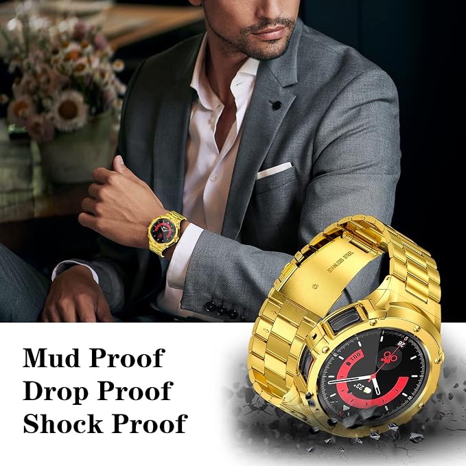 SUPLINK Stainless Steel Case Band Compatible with Samsung Watch 5 Band/Samsung Watch 4 Bands 44mm,Rugged Metal Protective Cover Strap for Men,Gold